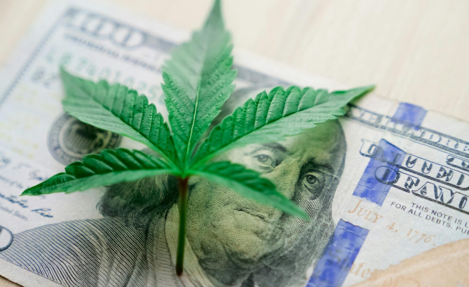 Close-up of a cannabis leaf on a US hundred dollar bill, highlighting cannabis culture and economy.