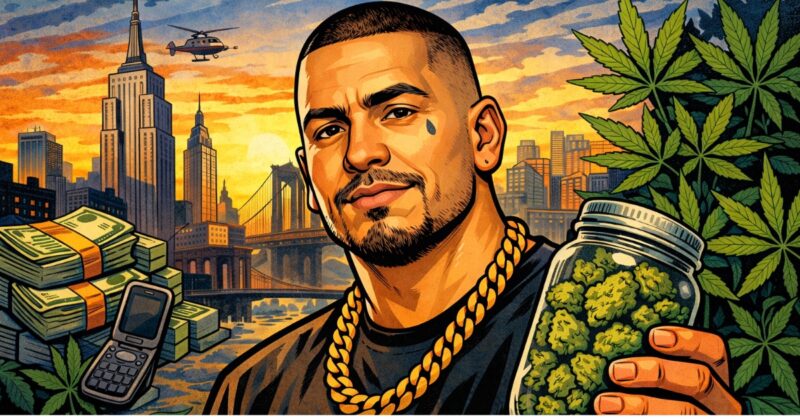 A vibrant, stylized illustration of NYC entrepreneur Coss Marte holding a jar of legal cannabis, with a background of New York City, stacks of cash, and a flip phone, representing his journey from incarceration to the legal industry.