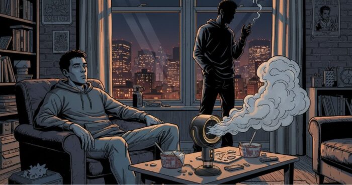 Portable desk smoke extractor pulling cigarette smoke in small NYC apartment living room