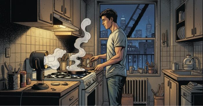 Compact smoke extractor fan placed near stove in small NYC kitchen while cooking