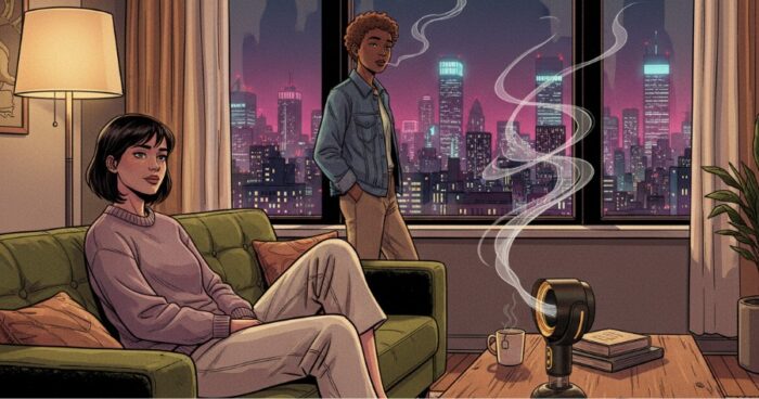 Small portable smoke exhaust fan on table in NYC apartment living room at night