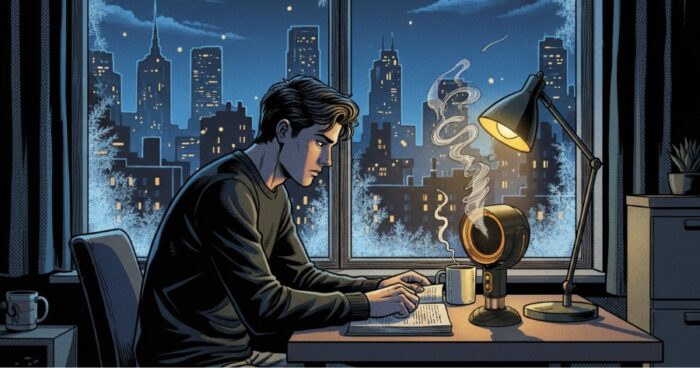 Compact smoke exhaust fan on desk near window in small New York apartment at night