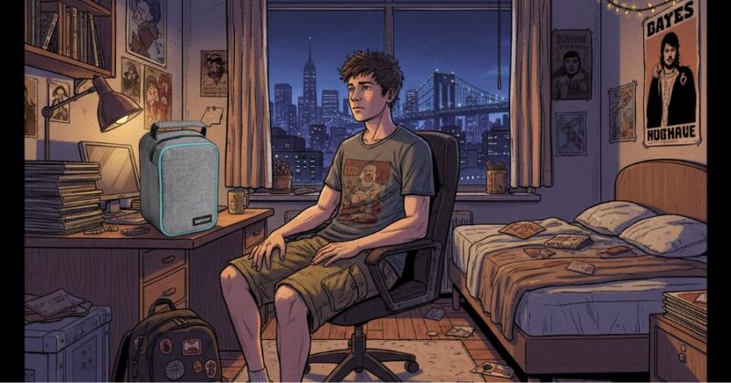 Young man sitting in small NYC bedroom with compact storage bag on desk