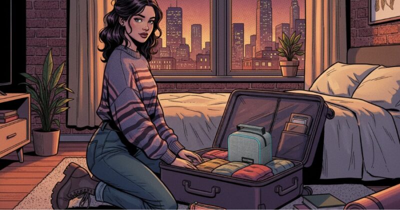 Woman packing suitcase in NYC apartment with small privacy pouch visible