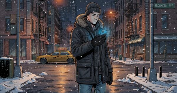 Person using smartphone with winter gloves on snowy Brooklyn street in NYC