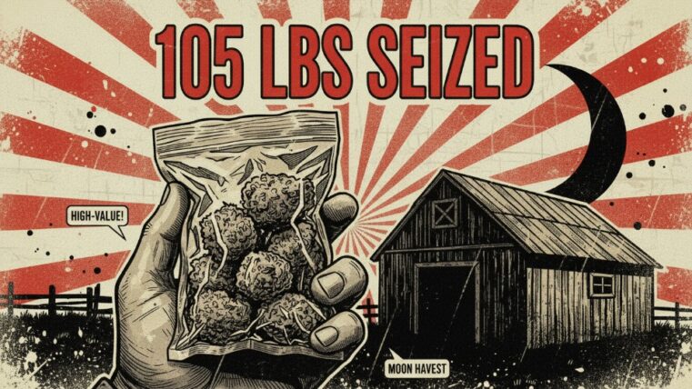 Comic style illustration of 105 pounds of seized cannabis from a sophisticated rural grow operation in Rhinebeck, Dutchess County.