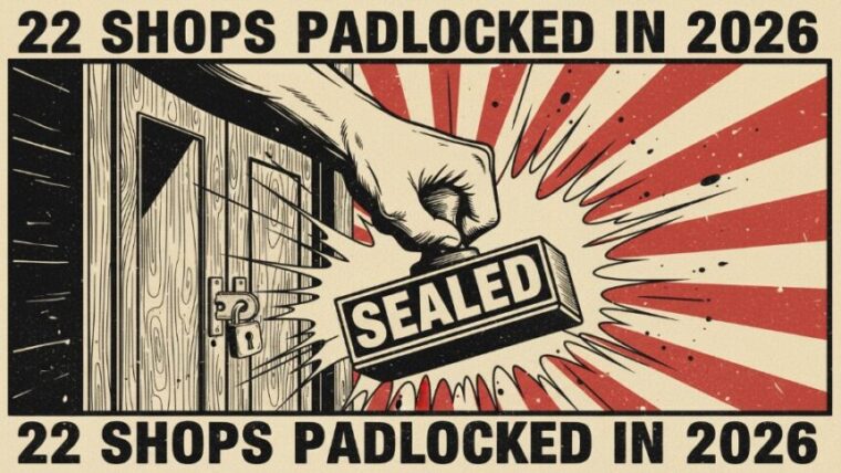 Informational graphic showing a 'Sealed' stamp representing the 22 illegal cannabis shops shuttered by the OCM so far in 2026.