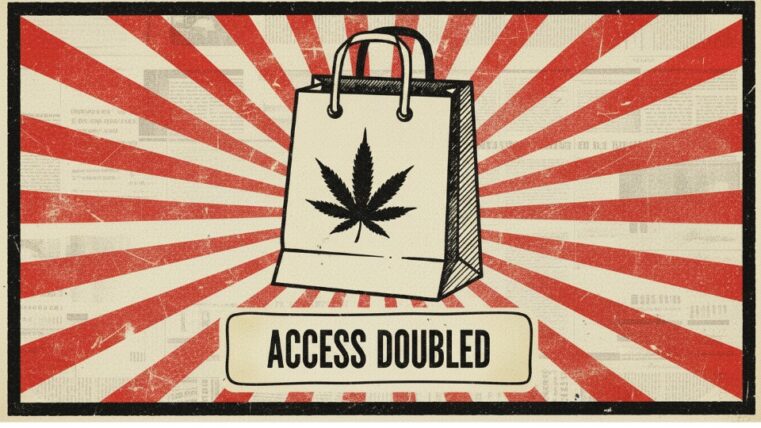 Vintage style poster showing 588 licensed cannabis stores open across New York, highlighting a doubling of storefront access year-over-year.