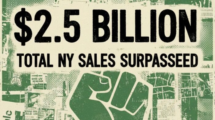 Graphic illustration of a New York state map celebrating the historic milestone of $2.5 billion in legal adult-use cannabis sales since 2022.