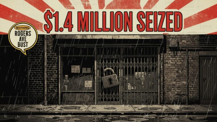 Graphic illustration of a padlocked illicit cannabis shop at 645 Rogers Avenue in Brooklyn following a $1.4 million seizure by the NYS OCM.