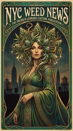 An Art Nouveau-style illustration of a regal woman with cannabis buds and leaves in her hair, standing before the New York City skyline and water towers; the official mascot for NYC Weed News.