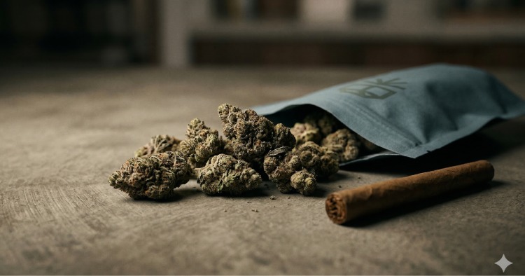 A pile of dense Titan Express cannabis buds spilling out of a grey pouch onto a wooden table next to a hand-rolled blunt.