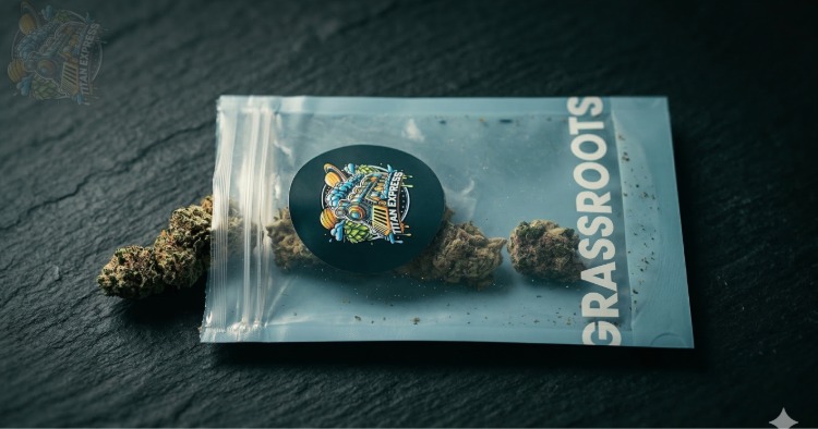 A clear Grassroots brand pouch revealing Titan Express cannabis buds with the "Titan Express" logo sticker on a textured black background.