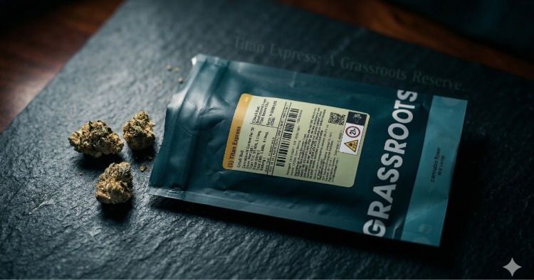 A 14g bag of Titan Express small buds by Grassroots on a dark slate surface, showing the detailed laboratory testing label and QR code.