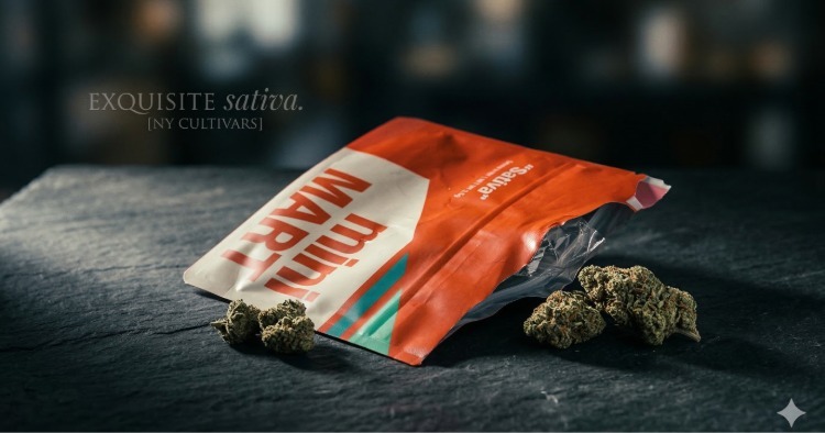 A flat-lay view of the orange and white Mini MART "Sativa" packaging with a single cannabis nug on a white background.