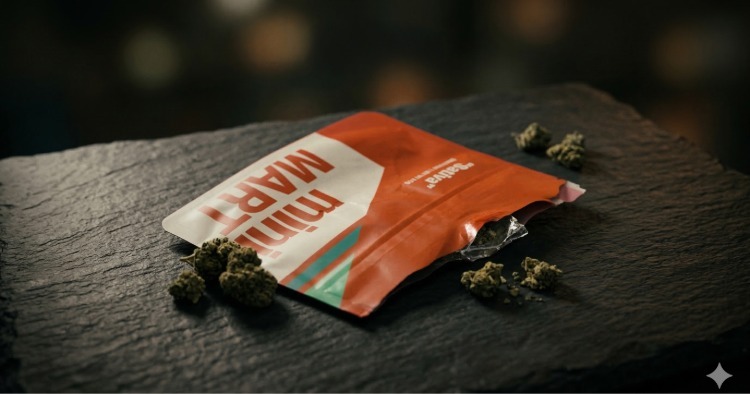 A high-detail macro shot of Tropicana Cookies cannabis nugs showing dense trichome coverage and vibrant green colors next to the Mini MART logo.