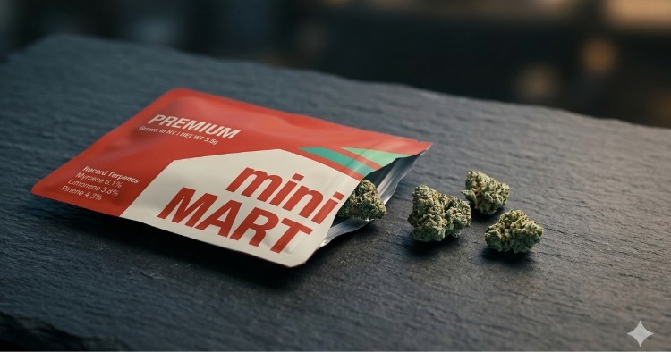 An eighth-ounce pouch of Tropicana Cookies by Mini MART on a slate surface with several dense green cannabis nugs spilled out.