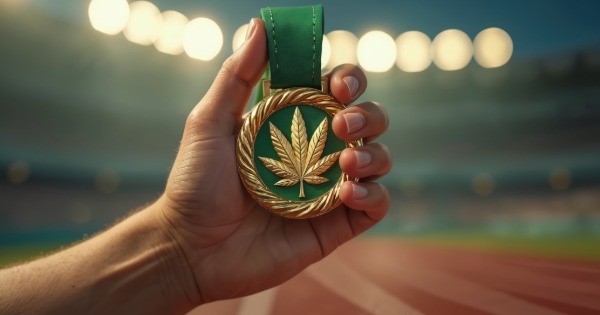 Hand holding a medal with a cannabis leaf symbol representing a cannabis competition or awards event in New York City