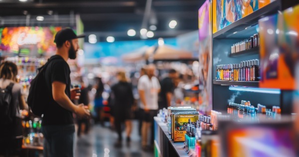 Person browsing cannabis-related products at a large indoor expo event with booths and displays representing the cannabis business industry