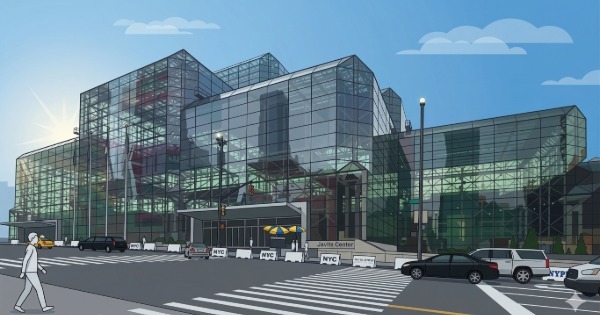 Exterior view of the Javits Center in New York City where large conventions and cannabis business events are held