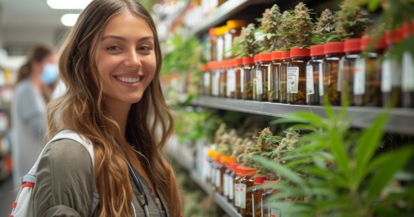 Woman standing in a cannabis lab or dispensary in Brooklyn with jars of cannabis plants on shelves behind her during a botany class setting
