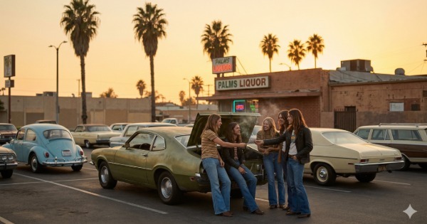 Group of friends gathered around a car in California at sunset representing early 4/20 cannabis culture origins