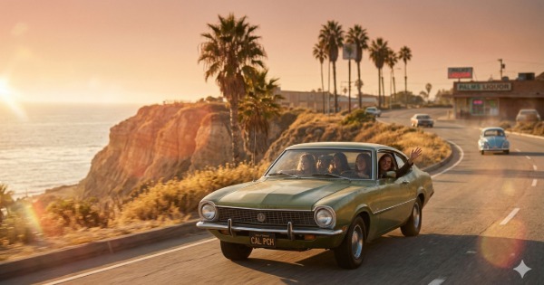 Vintage car driving along a coastal highway at sunset representing the spread of cannabis culture across the United States