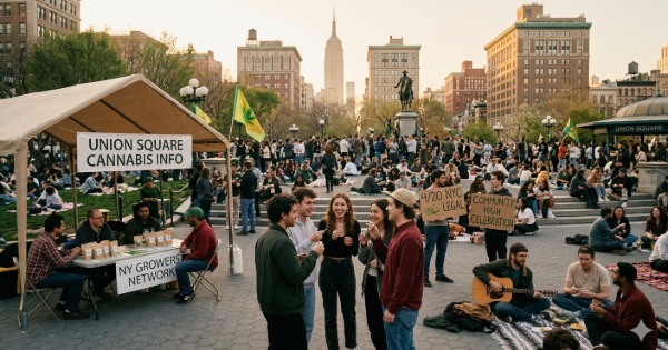 Community booths and cannabis information stands set up in Union Square Park during NYC 4/20 events