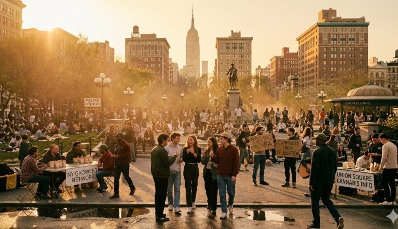 Crowds gathering at Union Square Park in New York City during 4/20 celebrations with people socializing and vendors present
