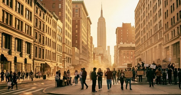 People gathering on a New York City street with the Empire State Building in the background during 4/20 celebrations