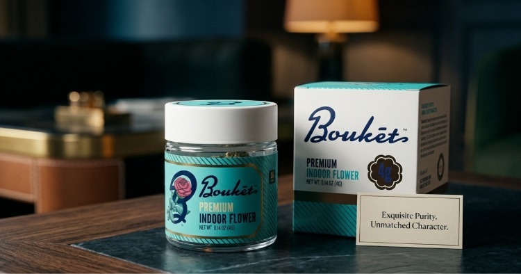 Boukét premium indoor cannabis flower jar and packaging displayed on a table with branded box and product details visible