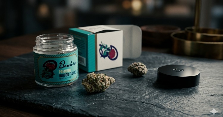 Open jar of Boukét Blue Nerdz cannabis flower with visible buds placed on a surface next to packaging and lid