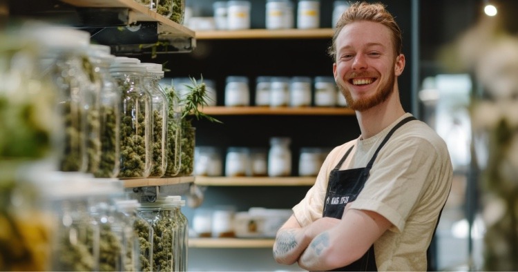 Man standing inside a cannabis shop or workspace surrounded by jars of cannabis products representing industry jobs and careers in NYC