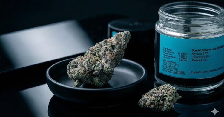 A close-up shot of a single dense Granny Candy cannabis bud on a small black plate next to a RYTHM "Special Reserve" glass jar.