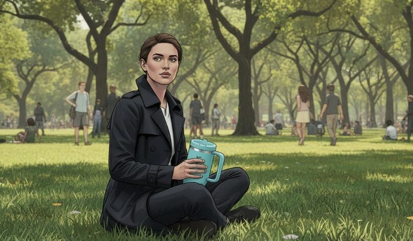 Person sitting on grass in a New York City park holding a large insulated tumbler bottle during summer with people relaxing in the background