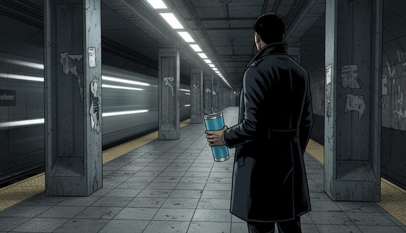 Person standing on a New York City subway platform holding a large insulated tumbler bottle with train approaching in the background