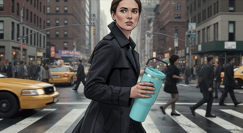 Person walking through a busy New York City street crosswalk holding a large insulated tumbler water bottle with taxis and pedestrians around