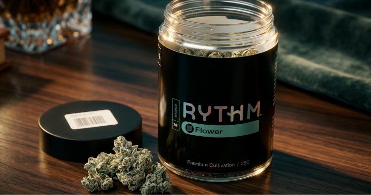 A 28-gram (one ounce) glass jar of RYTHM "Premium Cultivation" flower on a wooden desk next to a pile of cannabis nugs.