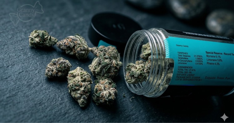 A plastic jar of Granny Candy tipped over on a dark slate surface, showing the "Special Reserve" label with detailed terpene data including Myrcene and Limonene.