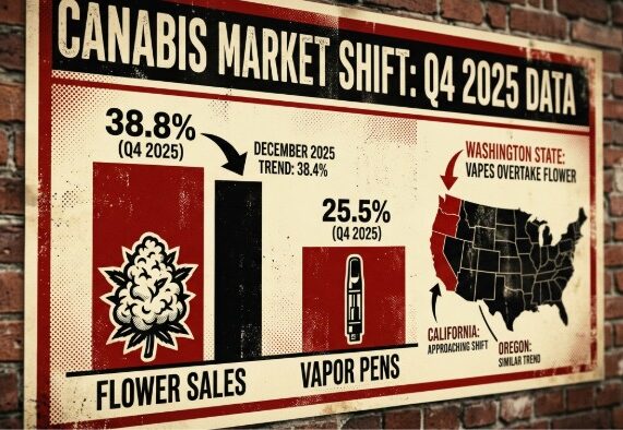 A vintage-style data poster on a brick wall showing flower sales at 38.8% and vapor pens at 25.5%, with a map showing vapes overtaking flower in Washington State.