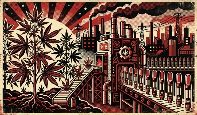A dark industrial factory setting showing cannabis plants being fed into a machine and emerging as rows of vape cartridges, with smoke stacks in the background.