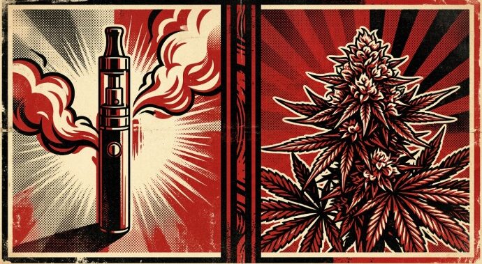 A split-screen graphic illustration showing a sleek cannabis vape pen on the left and a detailed cannabis flower bud on the right in a red and cream vintage style.