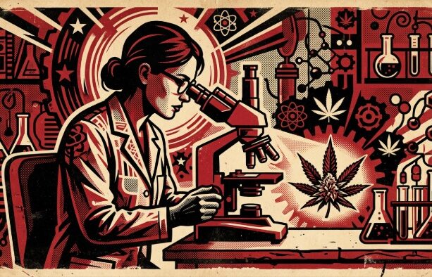 A scientist in a lab coat using a microscope in a high-tech facility filled with cannabis plants and laboratory equipment in a red-tinted graphic style.