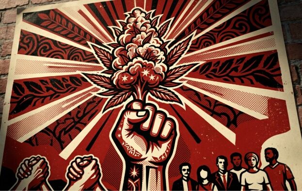 A powerful revolutionary-style illustration of a fist holding a cannabis flower high, surrounded by a diverse crowd of people, representing the traditional flower industry.