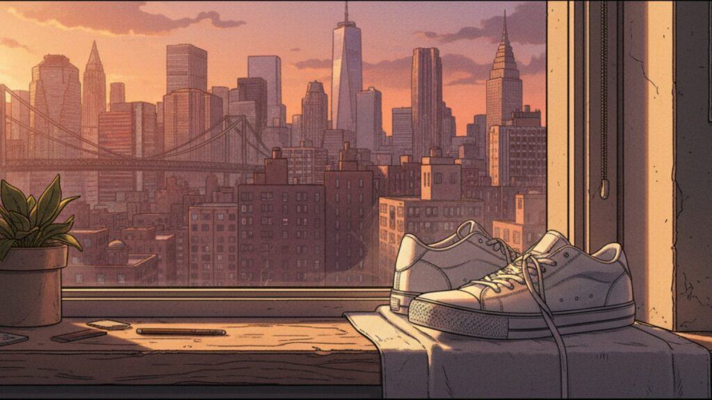 A pair of clean white leather sneakers on a wooden desk with a sunset view of the New York City skyline and Brooklyn Bridge.