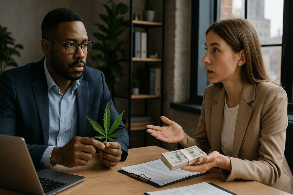 A business meeting between a male cannabis entrepreneur holding a leaf and a female lender holding a stack of cash, illustrating private lending trends in the cannabis industry.
