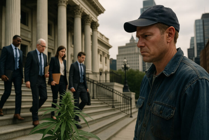 A concerned American farmer in a denim jacket and cap standing in front of government officials descending the steps of a capitol building, symbolizing the hemp THC ban in the House Farm Bill.
