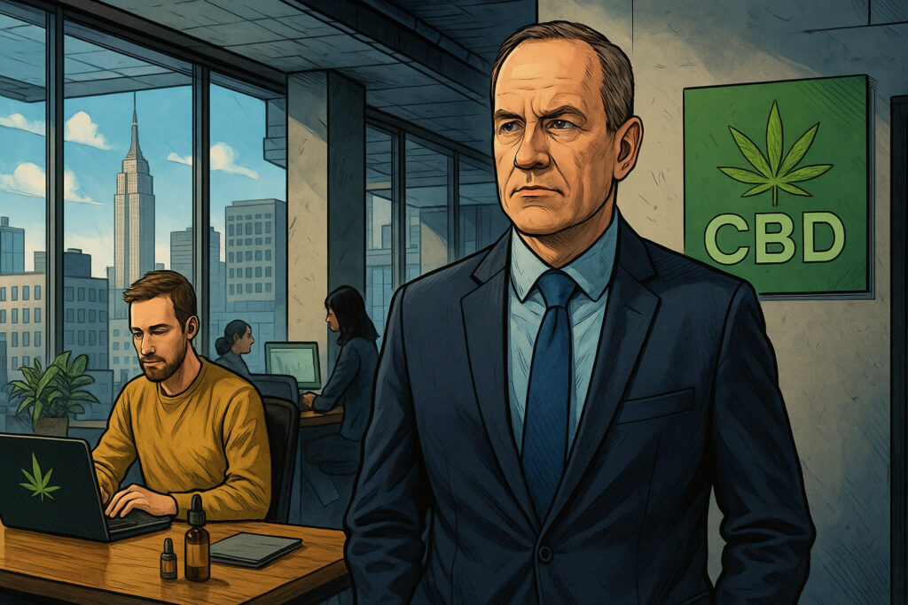 A serious cannabis executive in a blue suit standing in a modern office with a "CBD" logo on the wall and a view of the Empire State Building, representing Charlotte's Web business strategy.