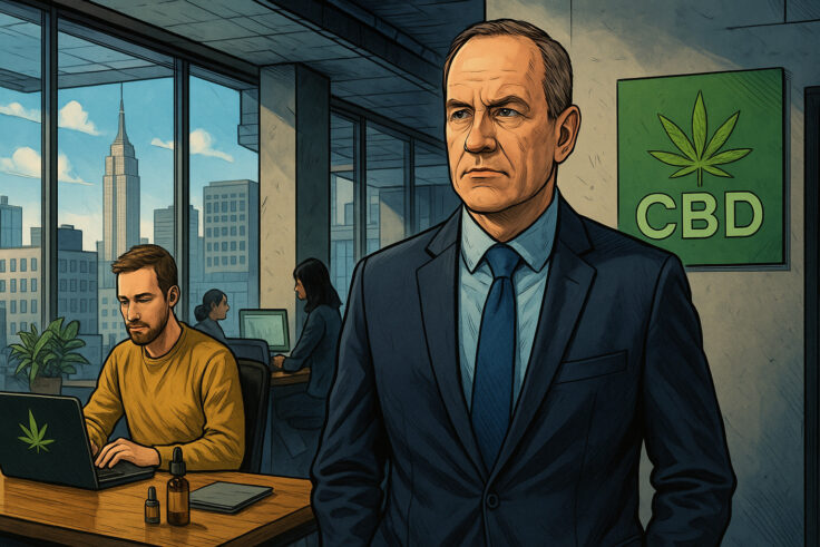 A serious cannabis executive in a blue suit standing in a modern office with a "CBD" logo on the wall and a view of the Empire State Building, representing Charlotte's Web business strategy.