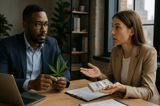 A business meeting between a male cannabis entrepreneur holding a leaf and a female lender holding a stack of cash, illustrating private lending trends in the cannabis industry.